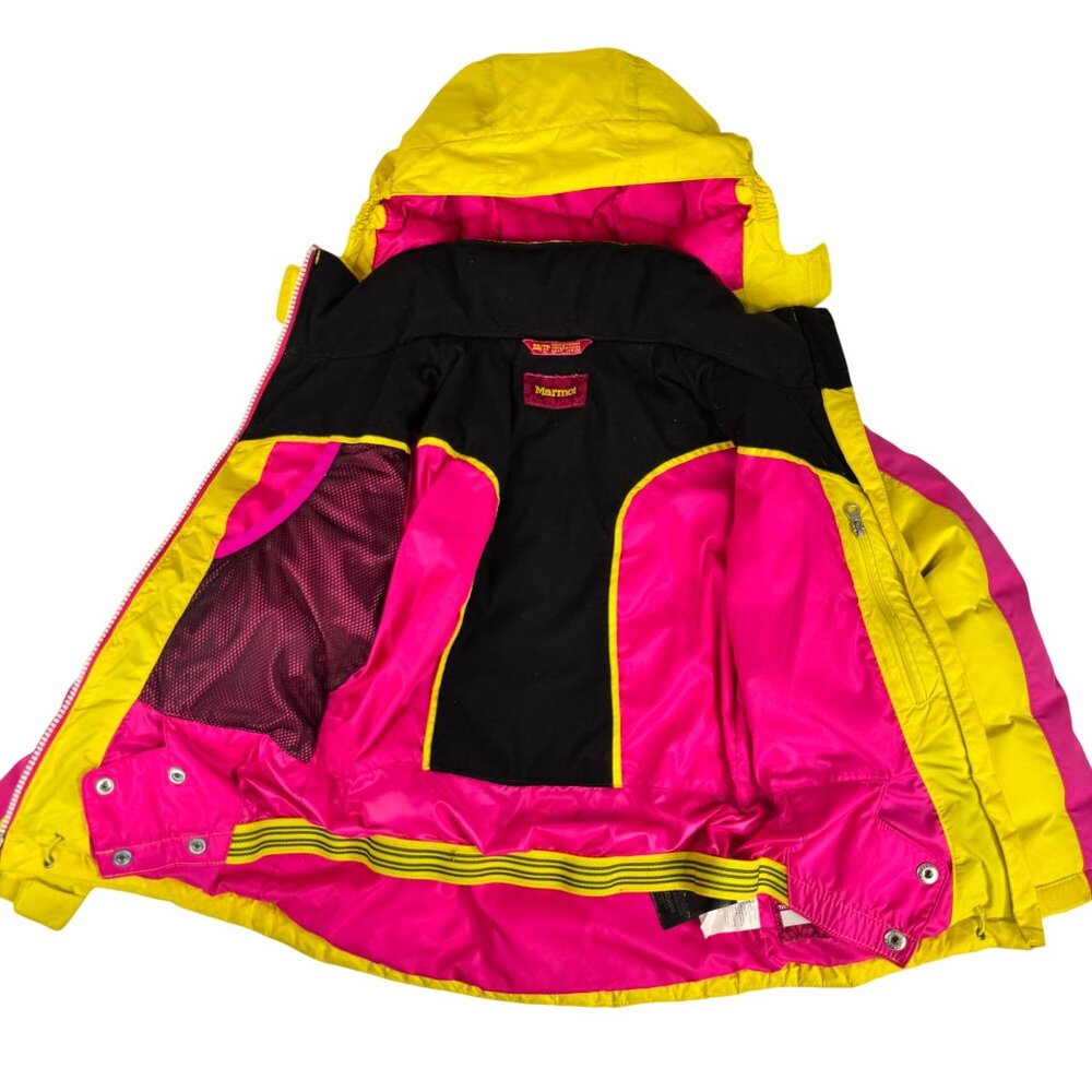 Marmot Girls Puffer Down Jacket Yellow Pink XS Warm Insulated Hooded Windproof - Picture 2 of 16
